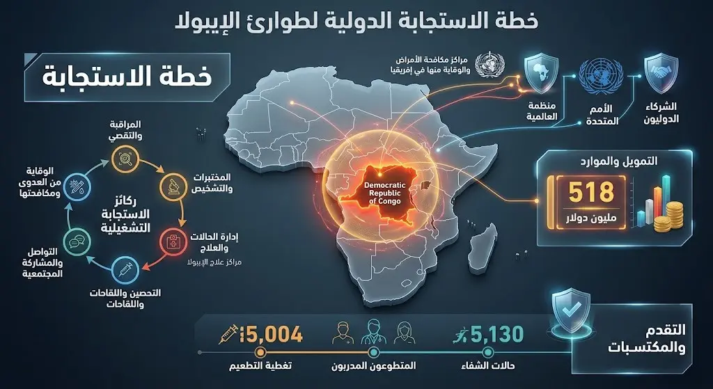 إنفوجرافيك احترافي يبرز إعلان حالة الطوارئ الصحية في جمهورية الكونغو الديمقراطية وحجم التمويل المطلوب لخطة الاستجابة الدولية.