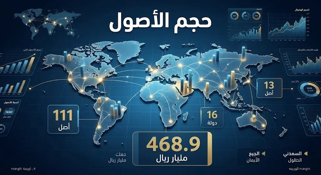 تصميم بياني يبرز حجم أصول الشركة الاستراتيجية التي تشمل 111 أصلاً موزعة على 16 دولة بقيمة تقارب 468.9 مليار ريال.