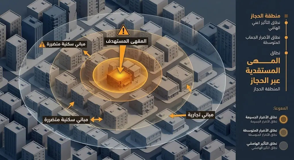 تصميم ثلاثي الأبعاد يوضح نطاق الأضرار المادية التي لحقت بالمقهى والمباني السكنية والتجارية المحيطة في منطقة الحجاز.
