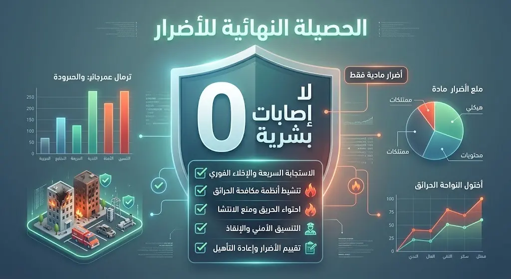 بطاقة معلومات بصرية تبرز السيطرة التامة على الحرائق وتؤكد عدم وجود إصابات بشرية مع اقتصار الأضرار على الجانب المادي.