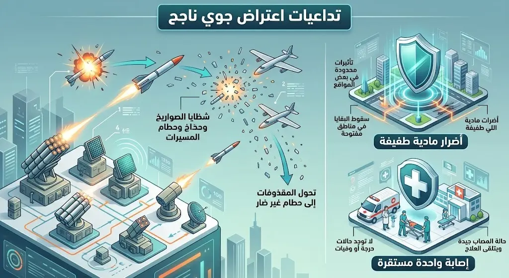 إنفوجرافيك يوضح حجم الأضرار الناتجة عن اعتراض المقذوفات واقتصارها على أضرار مادية وإصابة واحدة مستقرة.