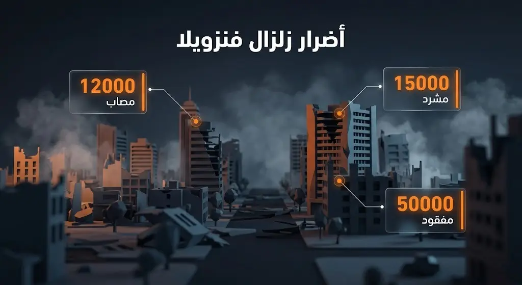 إنفوجرافيك تحليلي يوضح حجم الأضرار وتداعيات زلزالي فنزويلا، مستعرضاً أعداد المصابين، المشردين، والمفقودين تحت الأنقاض بتصميم عصري.