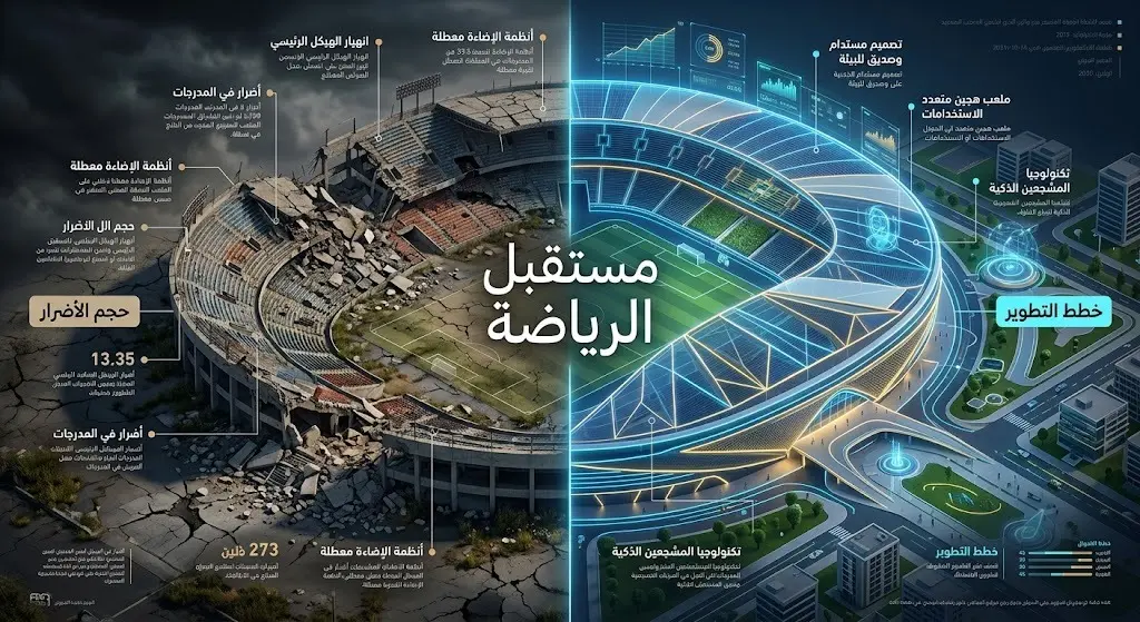 تصميم يعرض مقارنة بصرية بين ملعب رياضي متضرر من الحرب من جهة، ومخطط هندسي حديث يمثل خطط إعادة البناء والتطوير من جهة أخرى.
