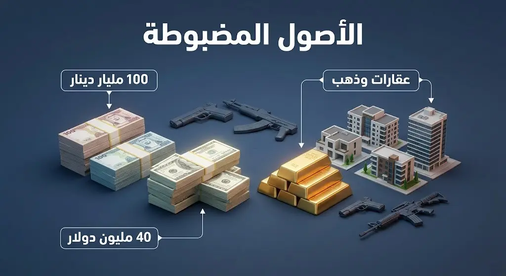 إنفوجرافيك بياني يستعرض حجم الأموال والأصول المضبوطة في قضايا الفساد، بما في ذلك العملات النقدية والذهب والعقارات.