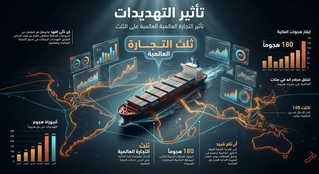 إنفوجرافيك ثلاثي الأبعاد يبرز حجم الأضرار والتأثيرات على حركة التجارة العالمية وخطوط الشحن البحري.