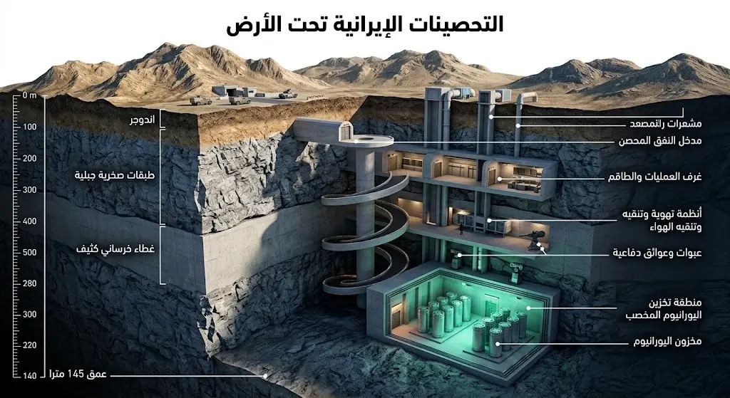 تصميم ثلاثي الأبعاد يوضح مقطعاً عرضياً لمنشأة نووية إيرانية محصنة تحت الأرض، يبرز عمق المنشأة والغطاء الخرساني ومكان اليورانيوم.