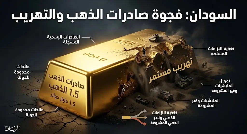 تصميم بياني يقارن بين حجم صادرات الذهب الرسمية البالغة 1.5 مليار دولار والكميات الهائلة المهربة التي تمول الصراع.
