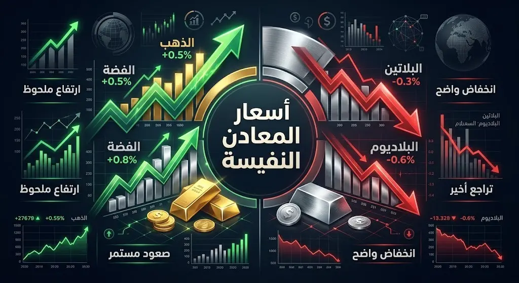 إنفوجرافيك مالي يوضح تباين أسعار المعادن النفيسة، حيث يظهر ارتفاع الذهب والفضة مقابل تراجع البلاتين والبلاديوم بنسب مئوية دقيقة.