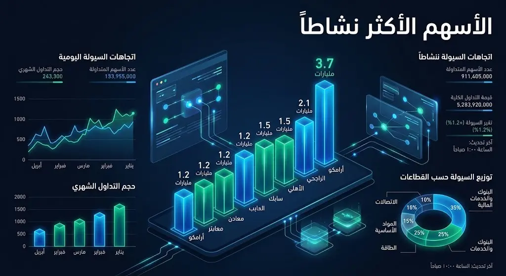 إنفوجرافيك مالي عصري يوضح حركة الأسهم الأكثر نشاطاً وتوزيع السيولة في السوق السعودية.