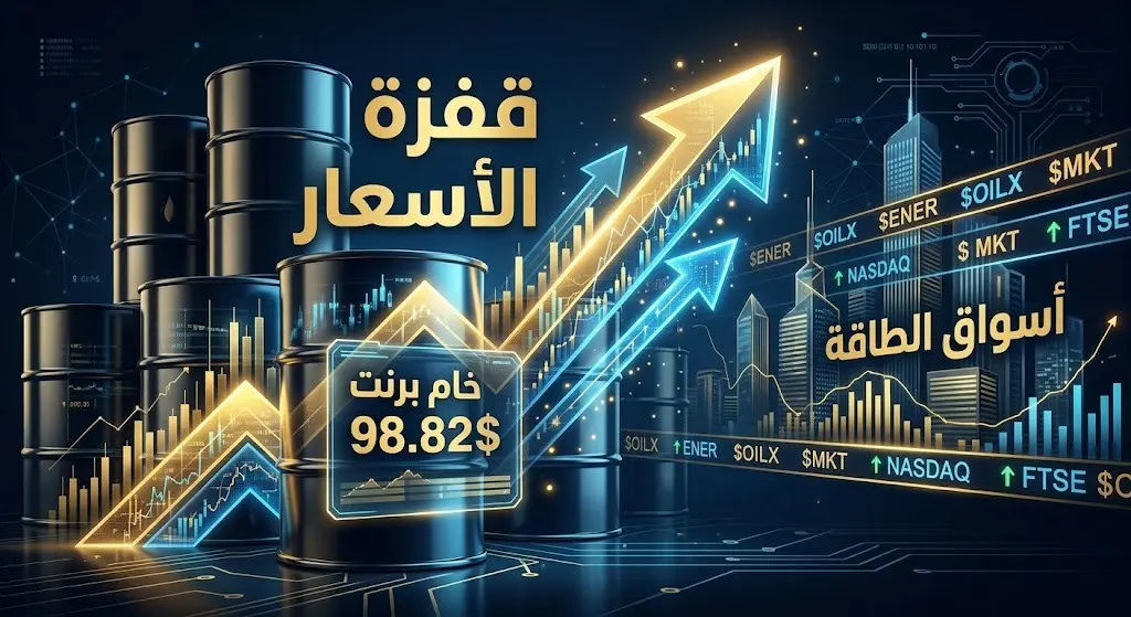 تصميم بصري مالي يدمج بين براميل النفط ومؤشرات الأسواق الصاعدة، يبرز وصول خام برنت إلى 98.82 دولاراً.