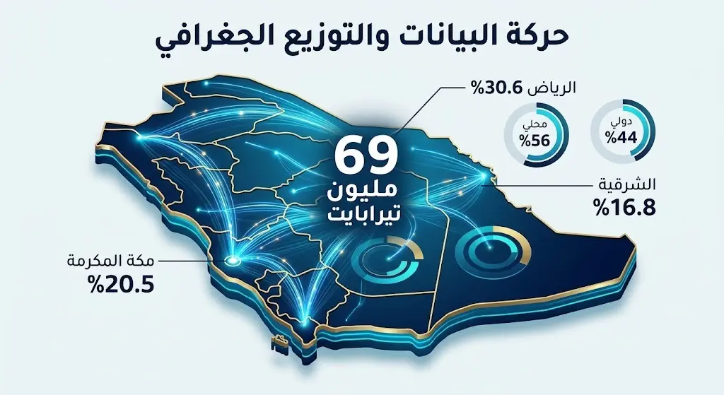 إنفوجرافيك تفاعلي يوضح حجم حركة بيانات الإنترنت في المملكة العربية السعودية بنحو 69 مليون تيرابايت، والتوزيع الجغرافي الذي تتصدره الرياض ومكة المكرمة والمنطقة الشرقية.