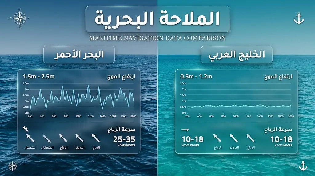 إنفوجرافيك احترافي يعقد مقارنة بصرية لسرعة الرياح وارتفاع الموج بين البحر الأحمر والخليج العربي مع بطاقات بيانات تفصيلية.