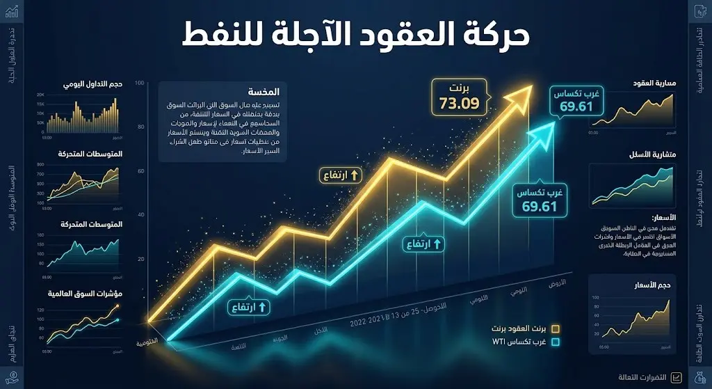 رسم بياني حديث يوضح حركة وارتفاع أسعار العقود الآجلة لخامي برنت وغرب تكساس الوسيط.