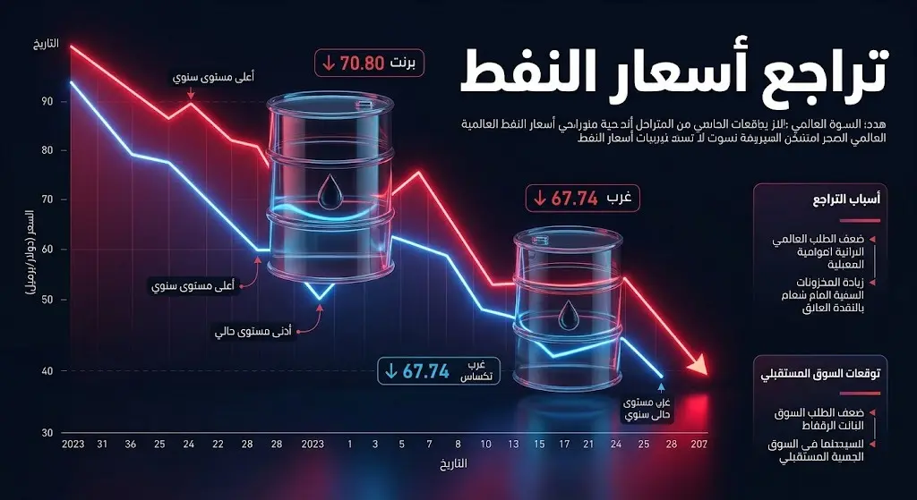 إنفوجرافيك مالي يوضح تراجع أسعار خام برنت وخام غرب تكساس إلى أدنى مستوياتها في أربعة أشهر