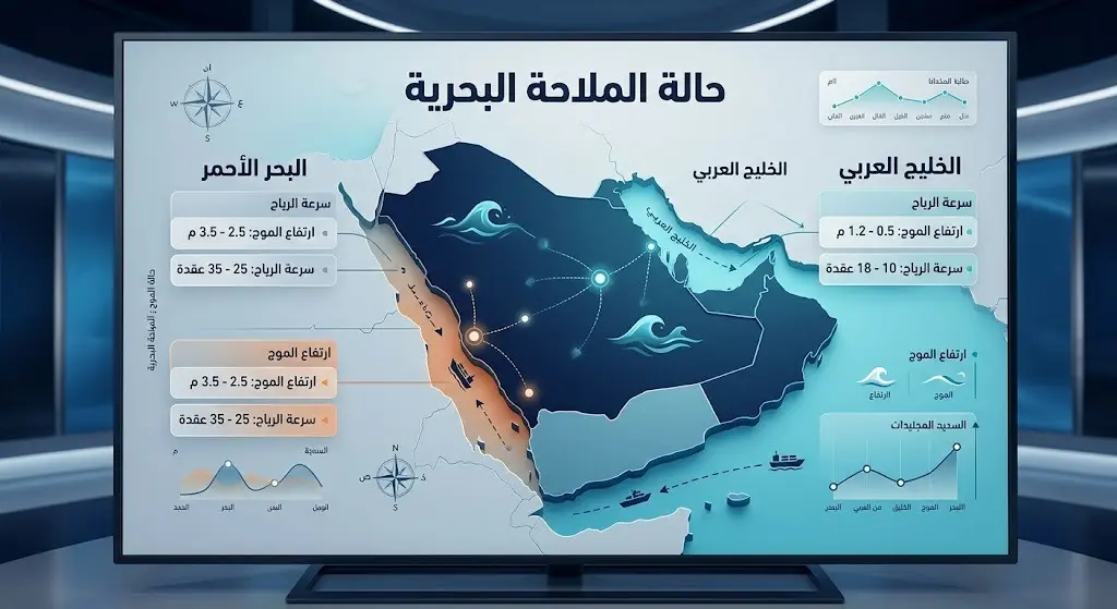 إنفوجرافيك إخباري احترافي يوضح حالة الملاحة البحرية، يتضمن خريطة ثلاثية الأبعاد لشبه الجزيرة العربية مع لوحات بيانات رقمية تفصل سرعة الرياح وارتفاع الموج في البحر الأحمر والخليج العربي.