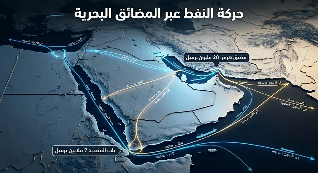إنفوجرافيك يوضح خريطة الشرق الأوسط وحجم تدفق النفط اليومي عبر مضيقي هرمز وباب المندب