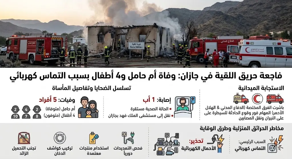 حريق اللقية في جازان يفجع عائلة: وفاة أم حامل و4 أطفال بسبب التماس كهربائي