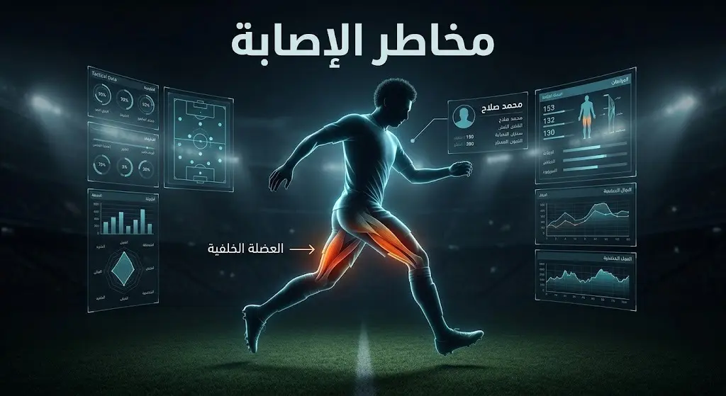 إنفوجرافيك طبي ورياضي يوضح موقع إصابة محمد صلاح في العضلة الخلفية والمخاطر المحتملة لمشاركته
