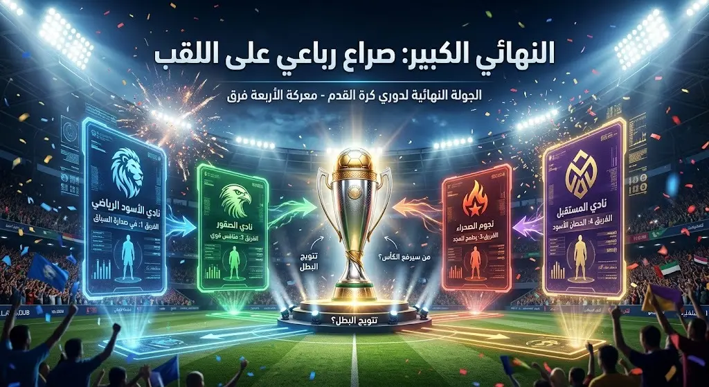 تصميم تعبيري يظهر درع البطولة في قلب ملعب كرة قدم مضاء، مع عناصر بصرية وأسهم تكتيكية ترمز لتقارب حظوظ الأندية الأربعة المتنافسة على اللقب في الجولة الأخيرة.