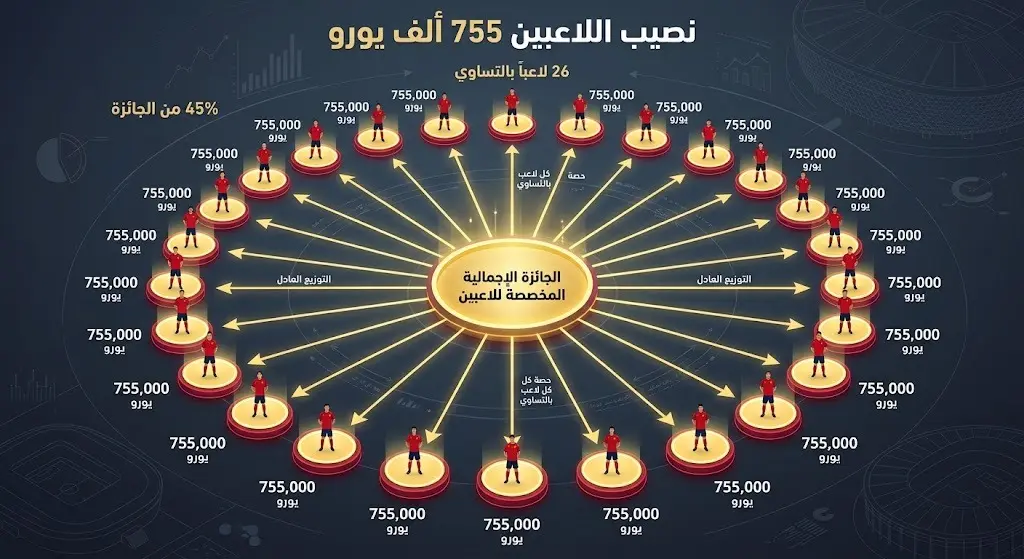 تصميم بياني يوضح آلية توزيع مكافأة التتويج بكأس العالم بالتساوي على 26 لاعباً بواقع 755 ألف يورو لكل منهم.