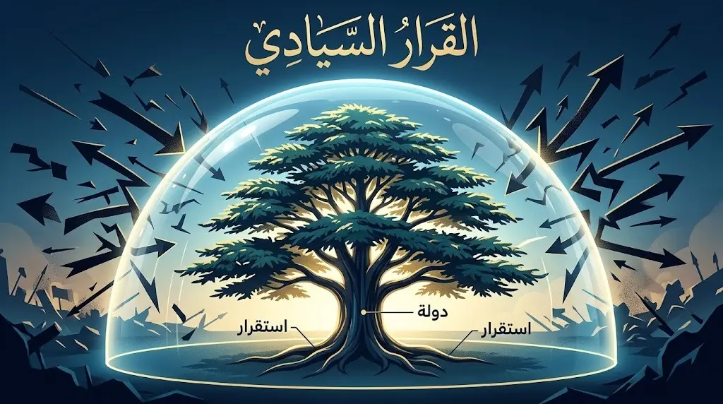 تصميم تعبيري يظهر شجرة أرز مضيئة محمية بقبة شفافة تصد التدخلات الخارجية، مع نصوص عربية تؤكد على القرار السيادي.