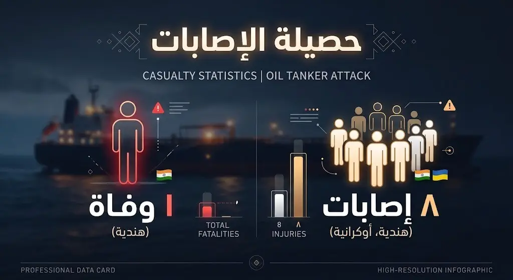 إنفوجرافيك يوضح حصيلة الضحايا والمصابين في الهجوم على الناقلتين، مع تفصيل أعدادهم وجنسياتهم الهندية والأوكرانية.