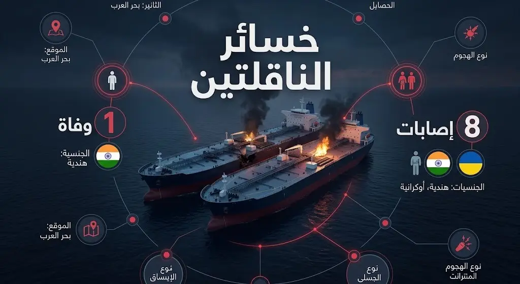 إنفوجرافيك بياني يوضح بالأرقام إجمالي الخسائر البشرية الناتجة عن استهداف الناقلتين، مع تفصيل حالات الوفاة والإصابات وفقاً للجنسيات.