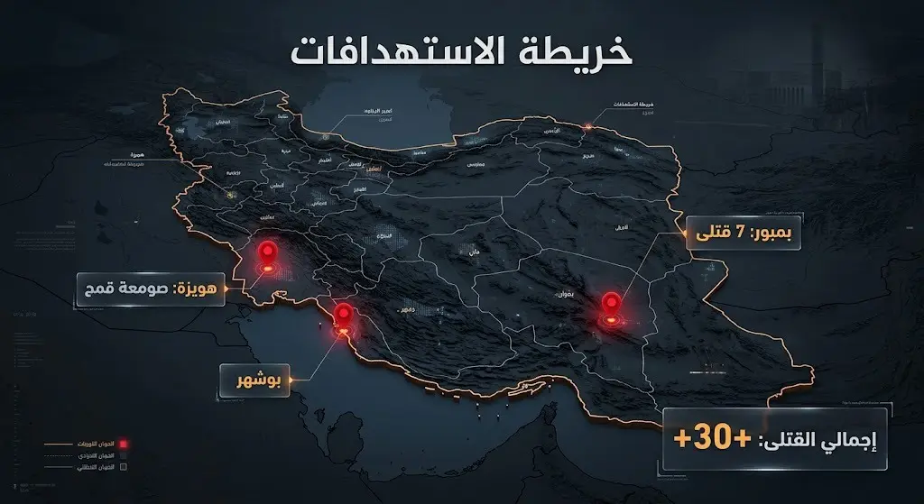إنفوجرافيك يوضح خريطة المواقع الإيرانية المتضررة من الغارات الجوية وحصيلة الخسائر البشرية والمادية المرافقة لها.