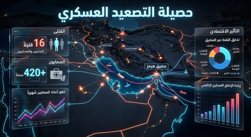 إنفوجرافيك شامل بخلفية داكنة وتصميم ثلاثي الأبعاد، يستعرض خريطة المنطقة وأرقام حصيلة التصعيد العسكري من قتلى ومصابين بوضوح.