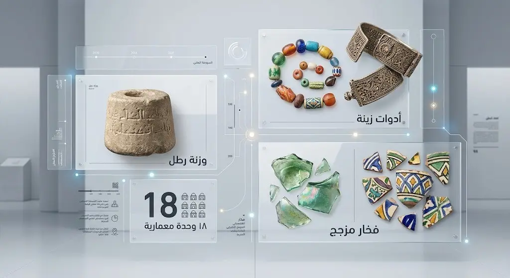 تصميم بصري يستعرض أبرز اللقى الأثرية المكتشفة في موقع حلِّيت، بما في ذلك وزنة حجرية، أدوات زينة، وقطع فخارية، مع إحصائيات للوحدات المعمارية.