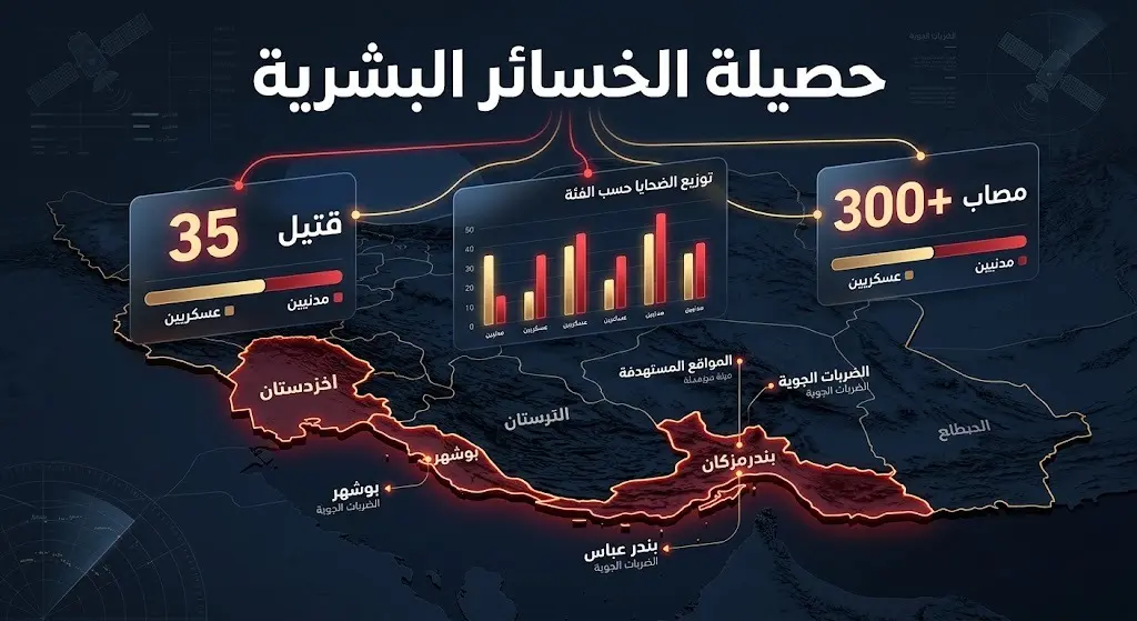 إنفوجرافيك يوضح خريطة المحافظات الإيرانية المستهدفة وحصيلة الخسائر البشرية المتمثلة في 35 قتيلاً وأكثر من 300 مصاب جراء الغارات الأمريكية.