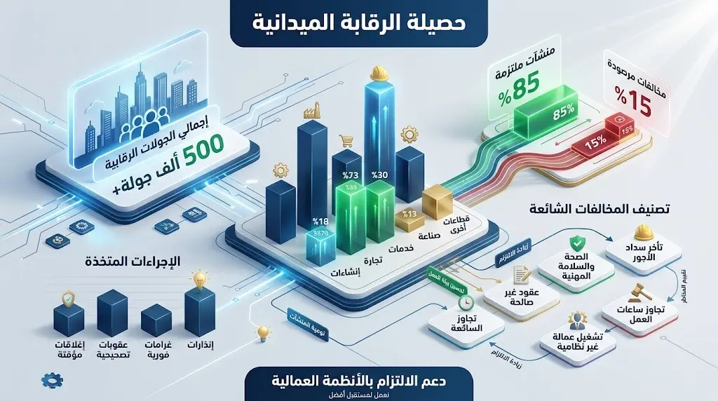 إنفوجرافيك احترافي يعرض إحصائيات الرقابة الميدانية في سوق العمل السعودي متضمناً أرقام الجولات والمخالفات والمنشآت الملتزمة بتصميم عصري.