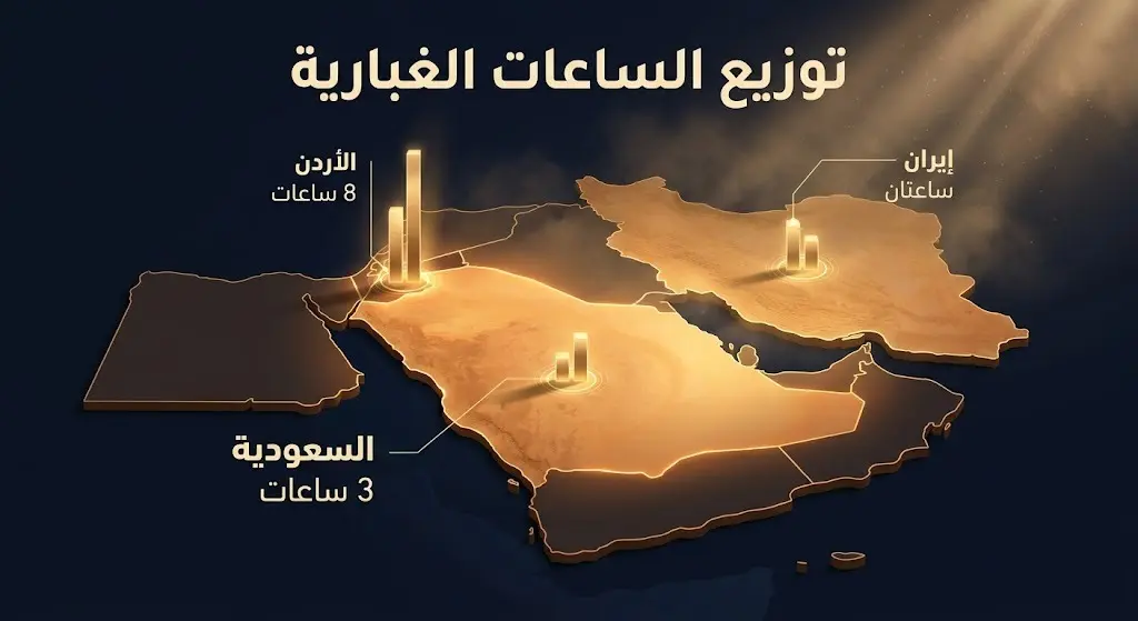 إنفوجرافيك بياني يوضح التوزيع الجغرافي للساعات الغبارية، مبرزاً الأردن بـ 8 ساعات، السعودية بـ 3 ساعات، وإيران بساعتين.