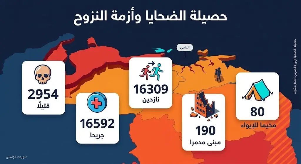 إنفوجرافيك يوضح الإحصائيات الرسمية لضحايا الزلزال وأزمة النزوح في فنزويلا، مبرزاً أعداد القتلى والجرحى والمباني المدمرة.