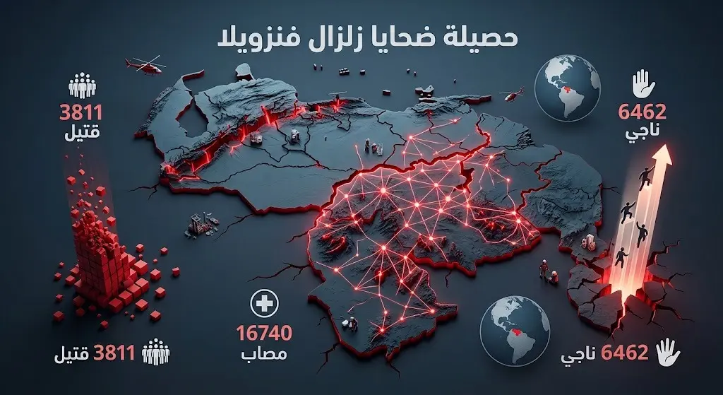 إنفوجرافيك يوضح الإحصائيات الرسمية لضحايا زلزال فنزويلا، مبرزاً أعداد القتلى والمصابين والناجين بتصميم إخباري حديث.