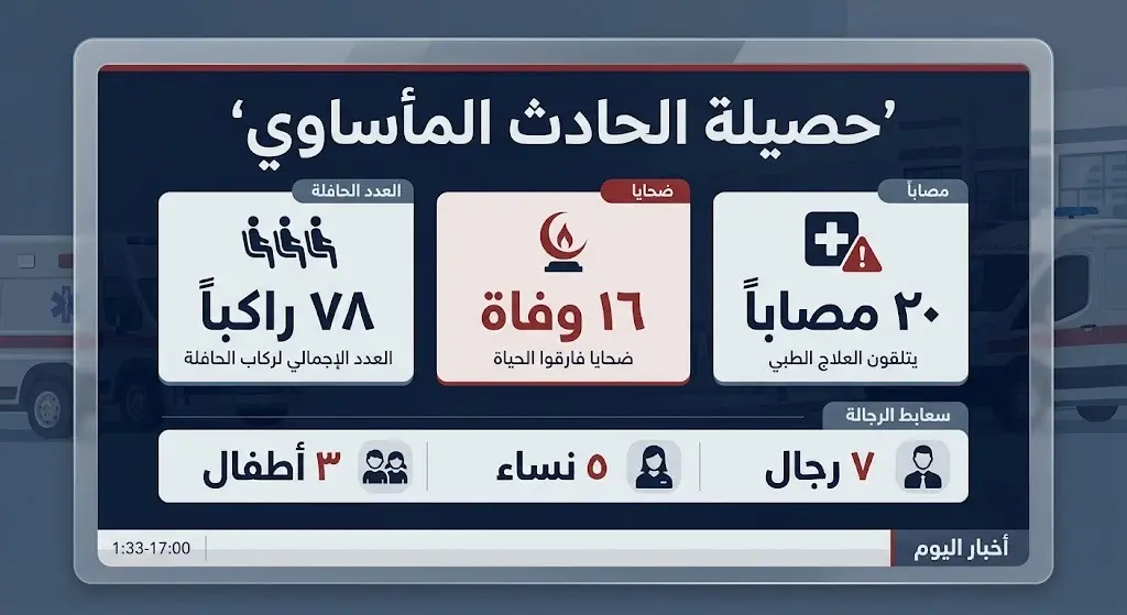 تصميم معلوماتي (إنفوجرافيك) يعرض حصيلة ضحايا حادث الحافلة متضمناً أعداد الوفيات والإصابات وتصنيفاتهم