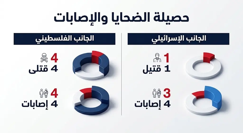 إنفوجرافيك يوضح حصيلة الضحايا والإصابات من الجانبين الفلسطيني والإسرائيلي إثر الاشتباكات