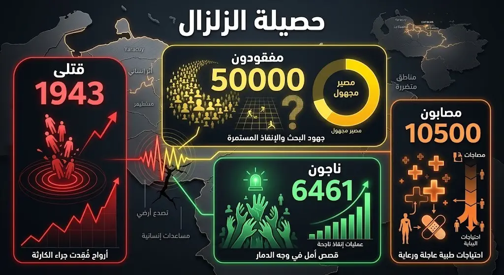 إنفوجرافيك يوضح حصيلة ضحايا ومفقودي زلزالي فنزويلا بالأرقام، متضمناً أعداد القتلى والمصابين والمفقودين.