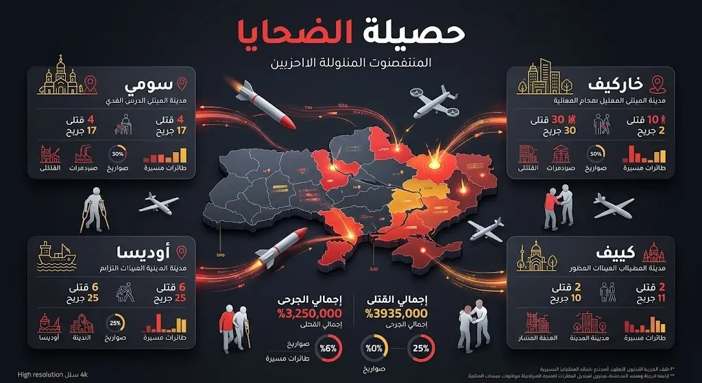 إنفوجرافيك يوضح حصيلة الضحايا والمواقع المستهدفة في أوكرانيا جراء الهجوم الروسي الأخير، متضمناً أرقام القتلى والجرحى في مدن سومي، أوديسا، خاركيف، وكييف.