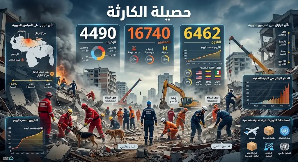 إنفوجرافيك يوضح حصيلة ضحايا زلزالي فنزويلا وجهود الإنقاذ، مع إبراز أرقام الوفيات والمصابين والناجين.
