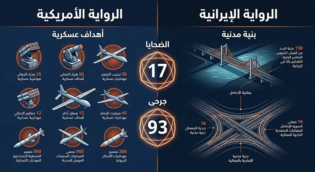 إنفوجرافيك يوضح التباين بين الروايتين الأمريكية والإيرانية بشأن طبيعة الأهداف وحصيلة الضحايا والمصابين.