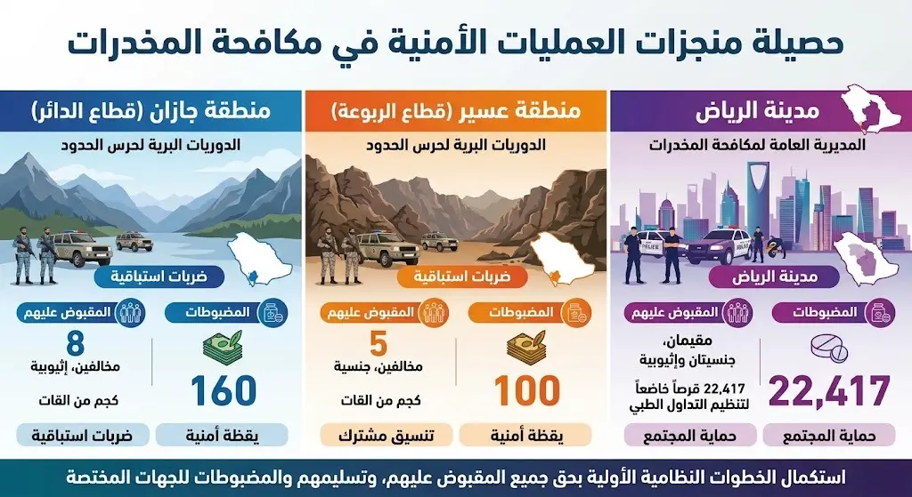 حصيلة العمليات الأمنية في جازان وعسير والرياض