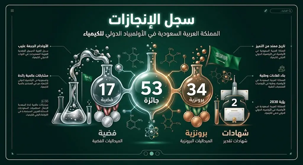 تصميم بياني يوضح الرصيد التاريخي للسعودية في أولمبياد الكيمياء بإجمالي 53 جائزة دولية