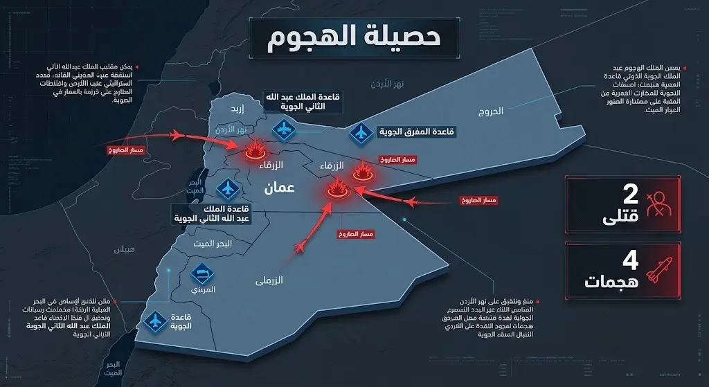 إنفوجرافيك يوضح خريطة الأردن ومواقع الهجمات الصاروخية مع إحصائيات الخسائر الأمريكية.