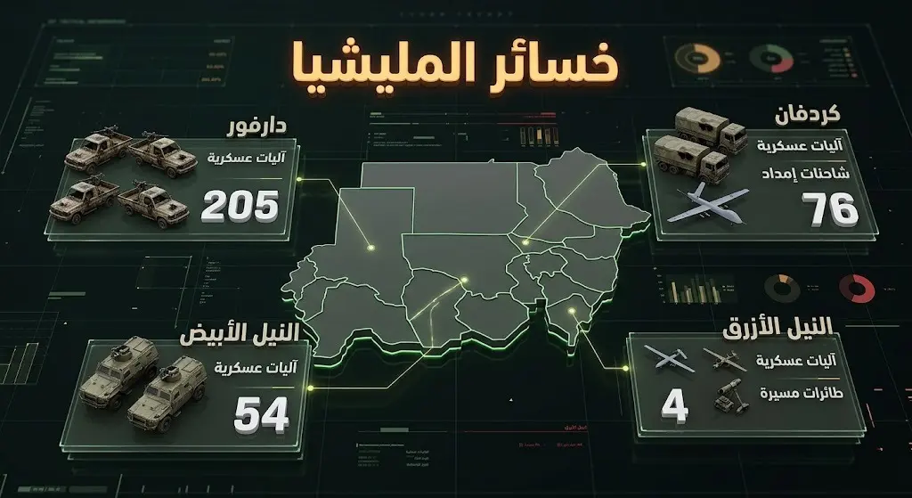 إنفوجرافيك يوضح بالأرقام خسائر المليشيا من المركبات القتالية والطائرات المسيرة وتوزيعها على محاور القتال في السودان.