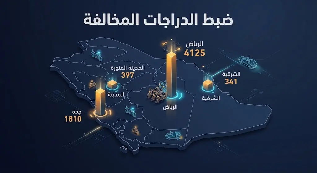 إنفوجرافيك بياني يستعرض أرقام وتوزيع الدراجات الآلية المخالفة المضبوطة في مختلف مناطق السعودية، حيث سجلت الرياض وجدة أعلى الحصائل.