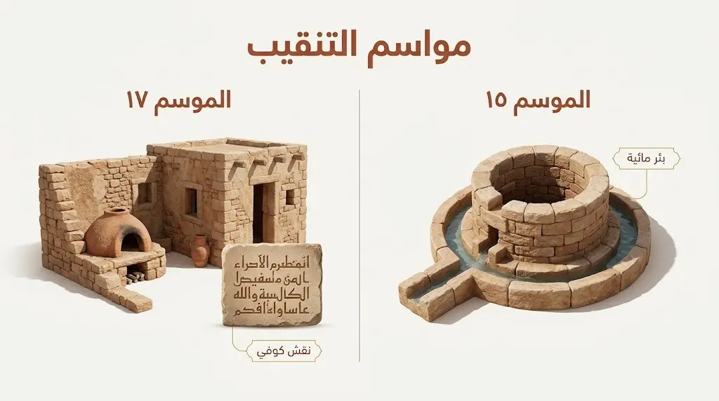 إنفوجرافيك مقارن يوضح نتائج التنقيب في موقع جرش، يبرز الموسم الخامس عشر الذي كشف عن بئر مائية والموسم السابع عشر الذي أظهر وحدات سكنية ونقوشاً كوفية.