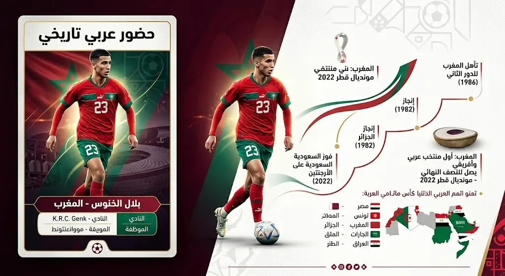 تصميم رياضي إبداعي يبرز اللاعب المغربي بلال الخنوس ضمن القائمة التاريخية لأصغر اللاعبين في كأس العالم.