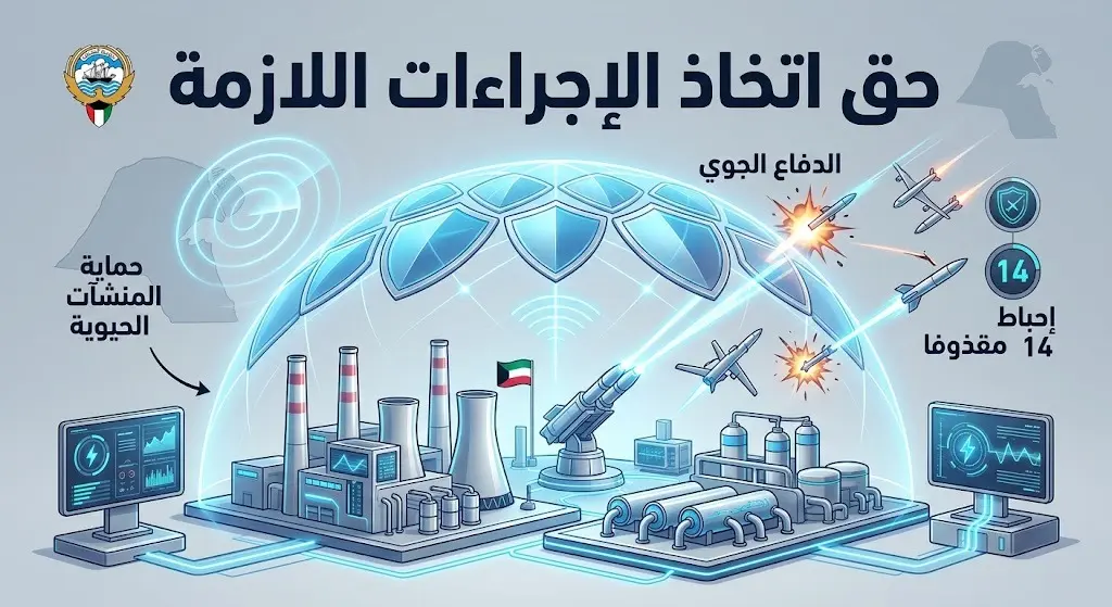 تصميم بصري يعبر عن جاهزية الدفاعات الجوية الكويتية وحق الدولة في اتخاذ الإجراءات لحماية منشآتها الحيوية وإحباط المقذوفات المعتدية.