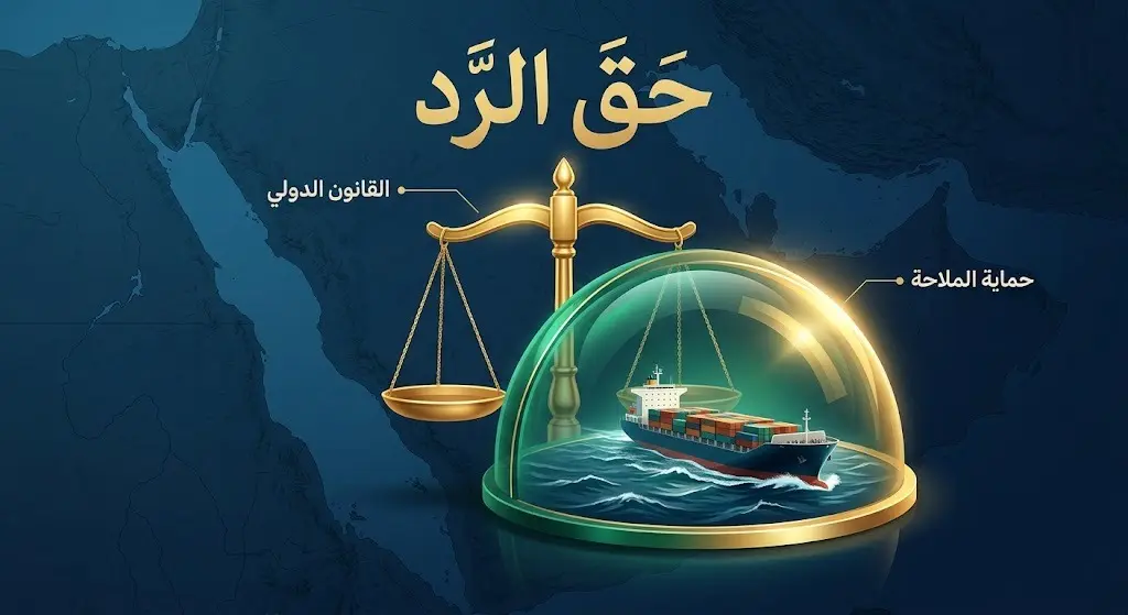 تصميم معلوماتي إبداعي يعبر عن حق الدفاع وردع التهديدات وفق القانون الدولي لحماية الملاحة التجارية، يدمج ميزان العدالة مع درع حماية يحيط بسفينة تجارية.